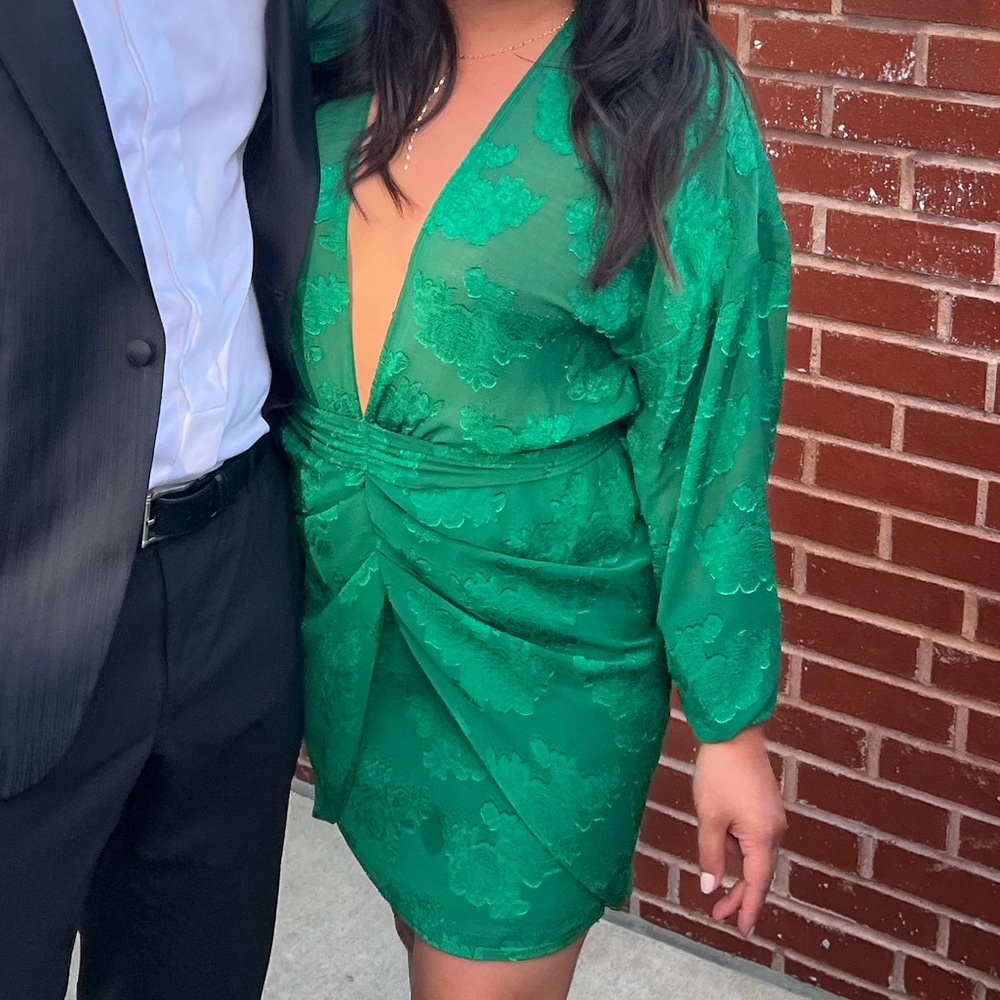 ASOS DESIGN plunge tie front mini dress in floral jacquard green Size US 6